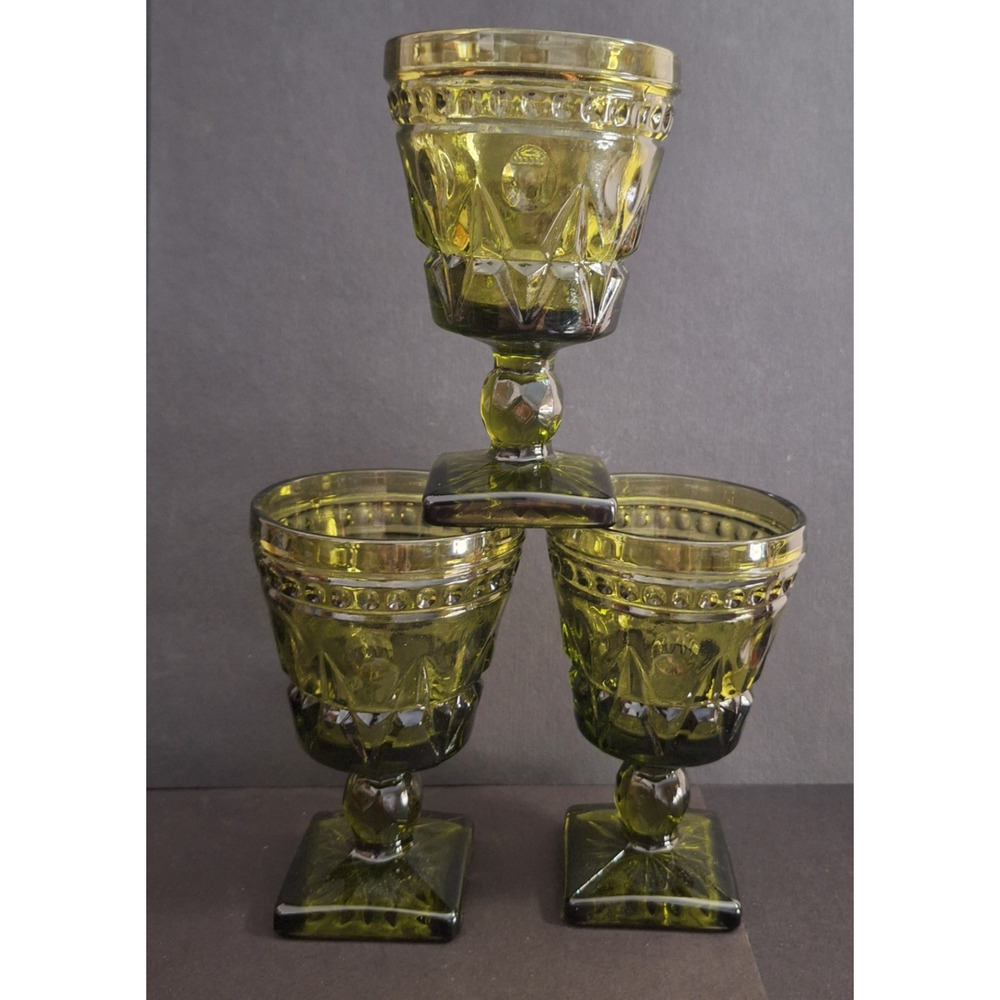 3 Vintage Indiana Glass Colony Park Lane Green Wine Goblets 4.5” Footed